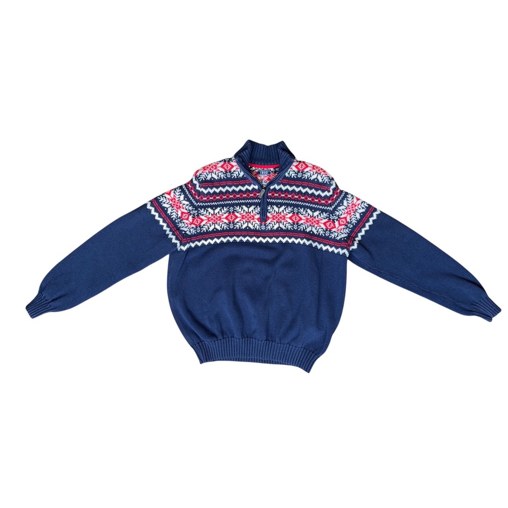 IZOD Vintage Fair Isle Sweater Mens Large Blue Red White 1/4‎ Zip Pullover Knit - Picture 2 of 8
